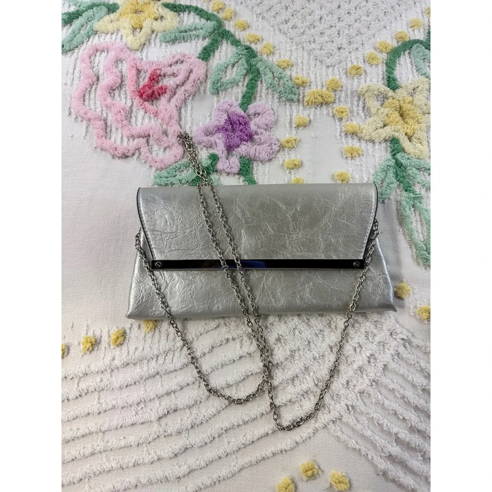 Target Limited Edition Silver Metallic Clutch Crossbody Bag Metal Bar Accent